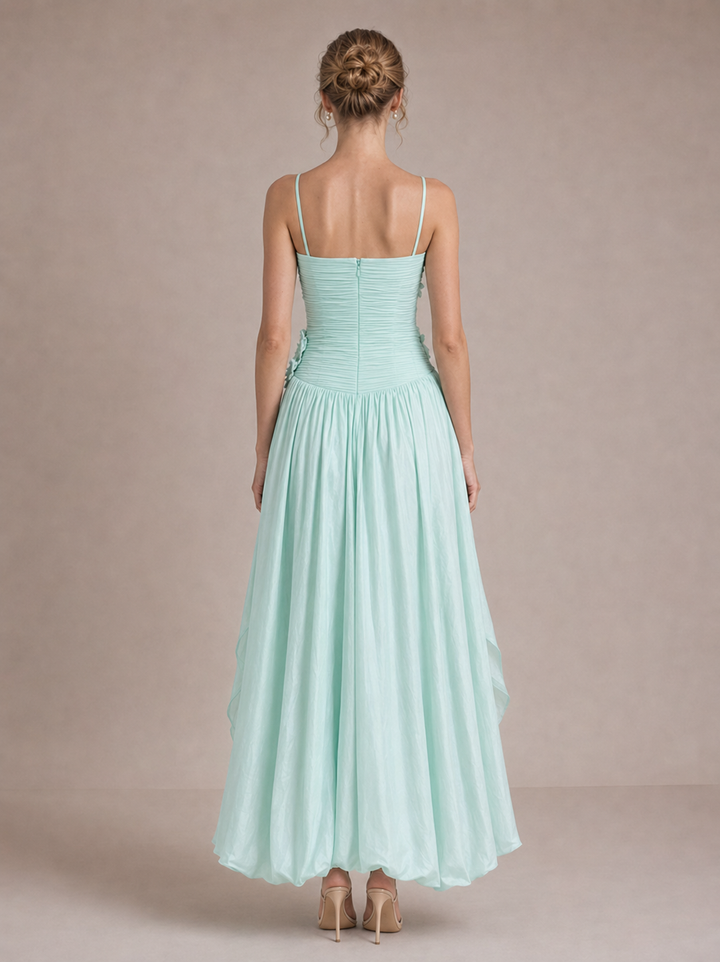 3D Floral Ruched Spaghetti Strap High Slit Maxi Dress