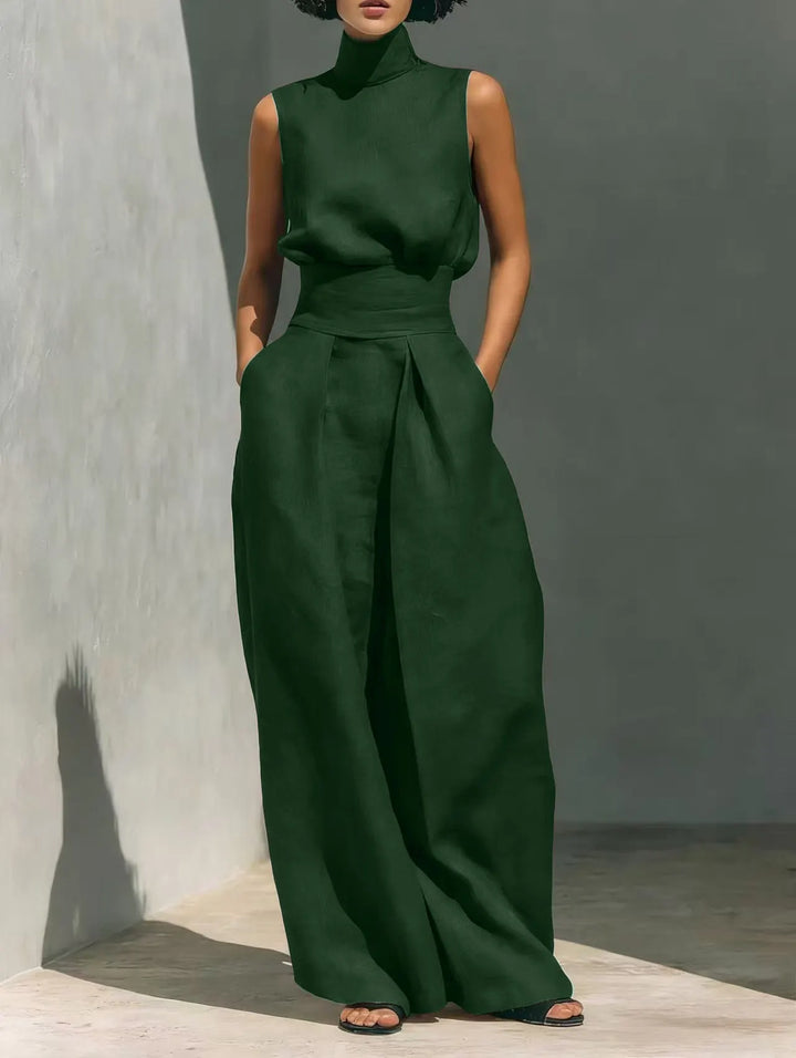 Casual Sleeveless Suit Summer Stand-up Collar Pullover Top And Loose Straight-leg Trousers