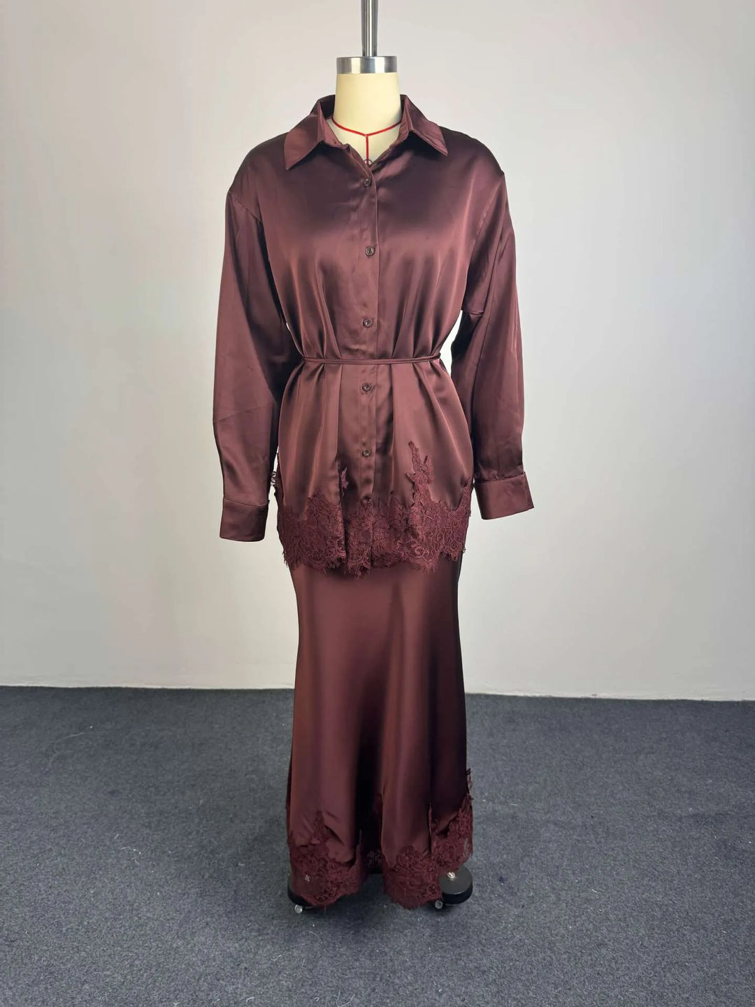 Gloss Satin Collared Lace Hem Shirt &amp; Maxi Skirt 2 Piece Matching Co-ord Set