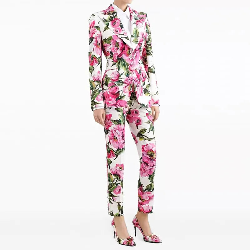 Floral Print Single Button Blazer & Straight Floor Pants 2-Piece Suit Set