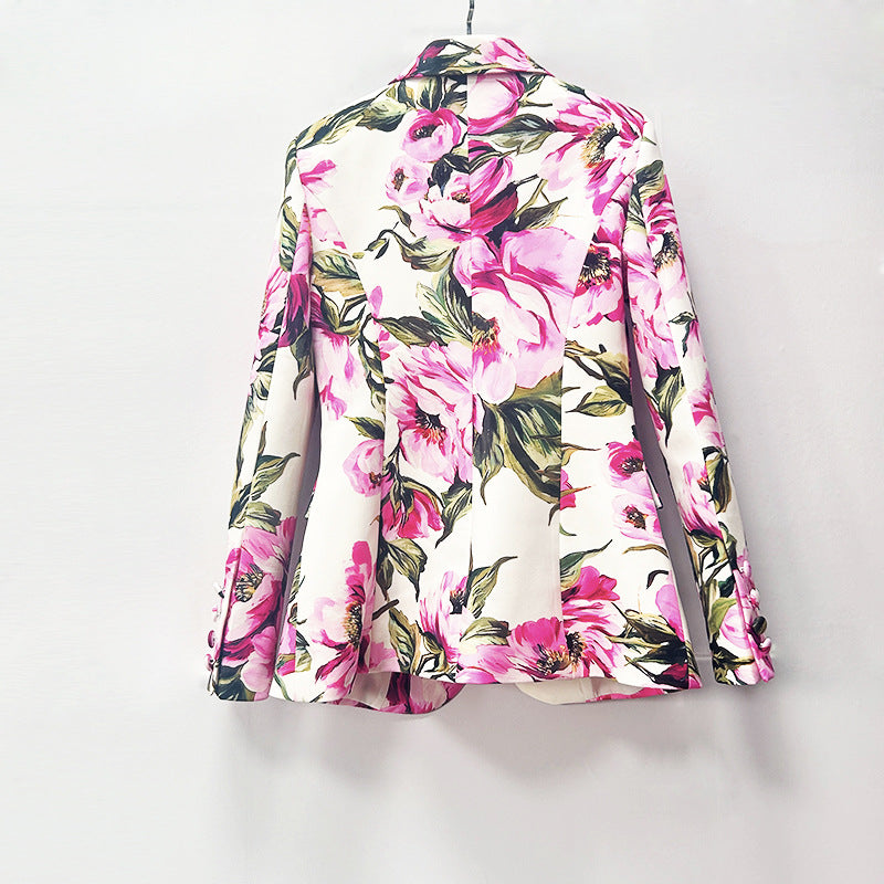 Floral Print Single Button Blazer &amp; Straight Floor Pants 2-Piece Suit Set