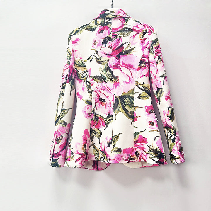 Floral Print Single Button Blazer &amp; Straight Floor Pants 2-Piece Suit Set