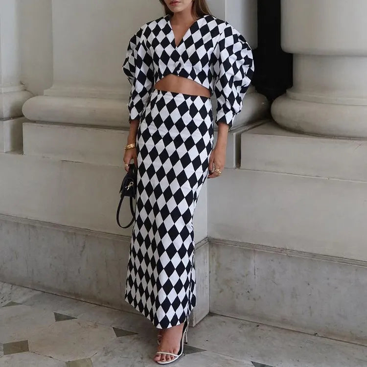 Diamond Check Puff Sleeve V-Neck Crop Top &amp; High Waist Mermaid Maxi Skirt 2-Piece Co-Ord Set