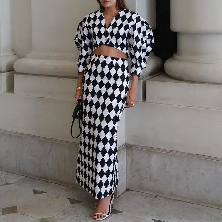 Diamond Check Puff Sleeve V-Neck Crop Top &amp; High Waist Mermaid Maxi Skirt 2-Piece Co-Ord Set
