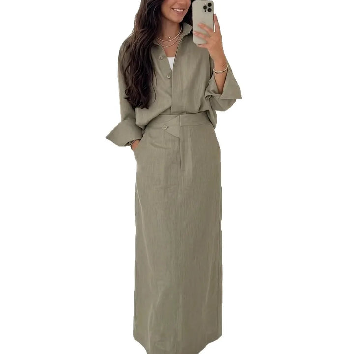 Fashionable Lapel Collar Loose-Fit Long-Sleeve Shirt And High-Waist Skirt Set