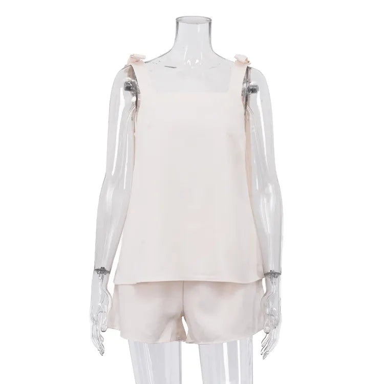 Bow Strap Square Neck A-Line Tank &amp; Elastic Waist Casual Shorts 2-Piece Co-Ord Set