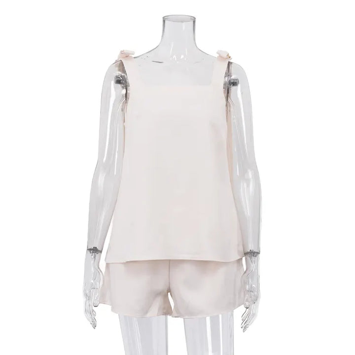 Bow Strap Square Neck A-Line Tank &amp; Elastic Waist Casual Shorts 2-Piece Co-Ord Set