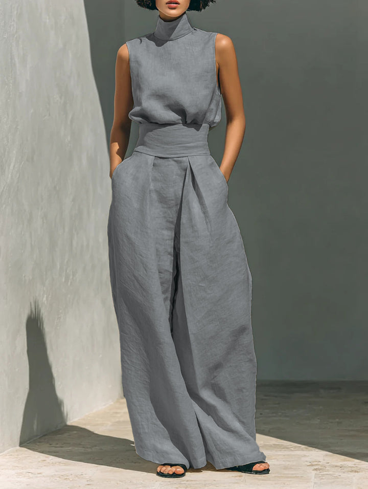 Casual Sleeveless Suit Summer Stand-up Collar Pullover Top And Loose Straight-leg Trousers
