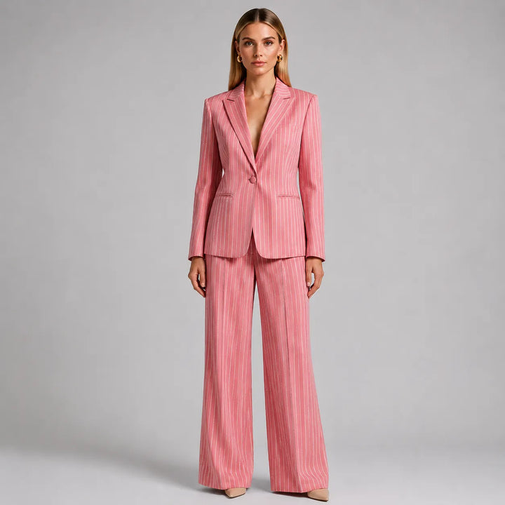 Glitter Vertical Stripe Single Button Blazer &amp; Straight Suit Pants 2-Piece Set
