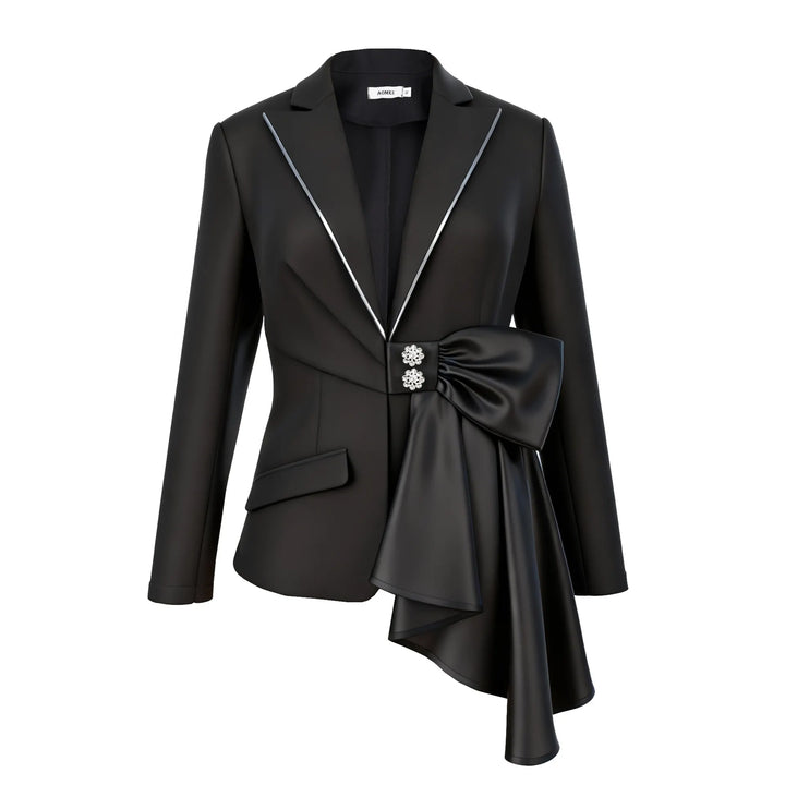 Contrast Satin Bow Rhinestone Trim Fitted Blazer Jacket