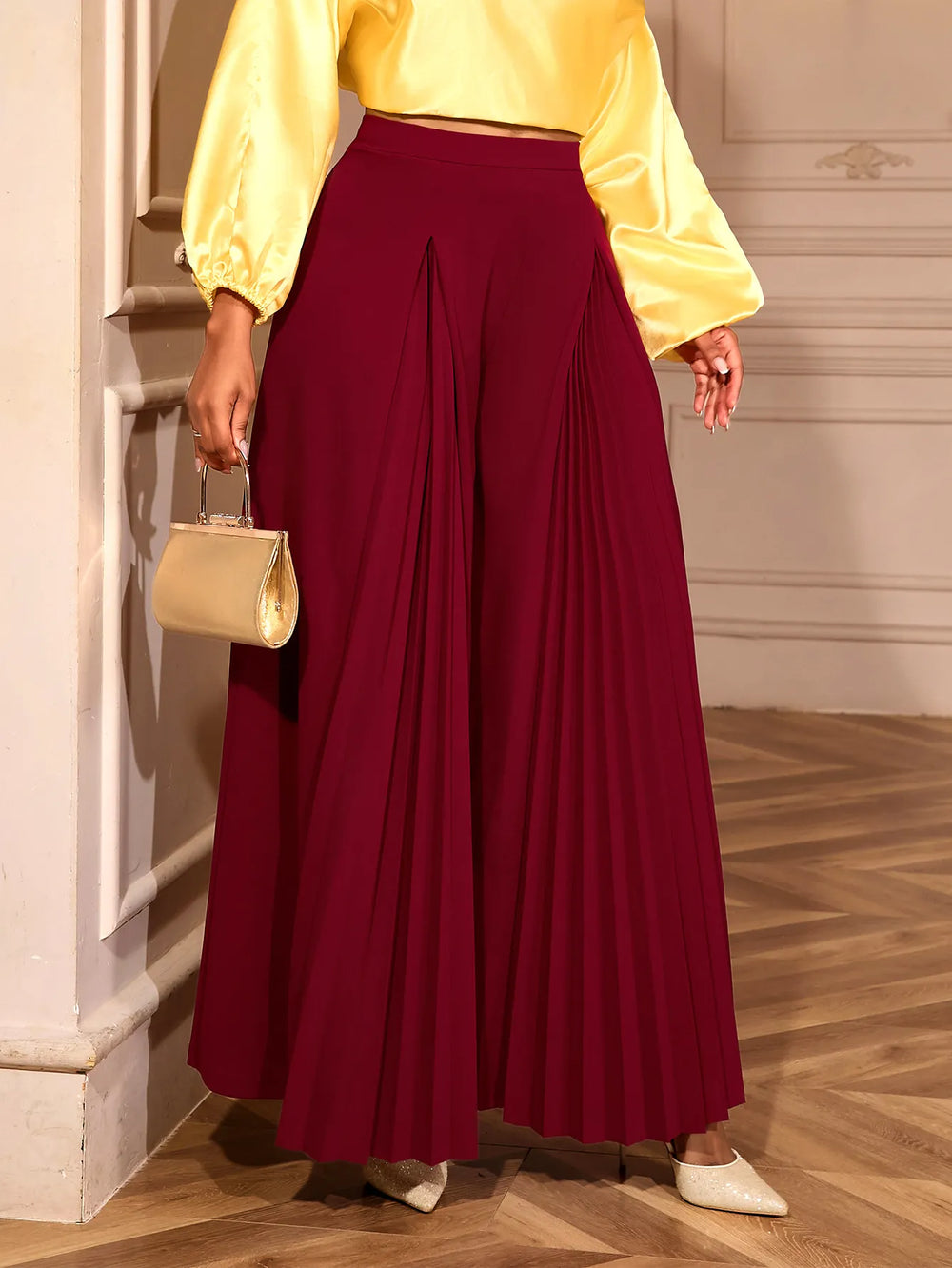 High Waist Dual Pleated Panel Wide Leg Floor Length Palazzo Pants