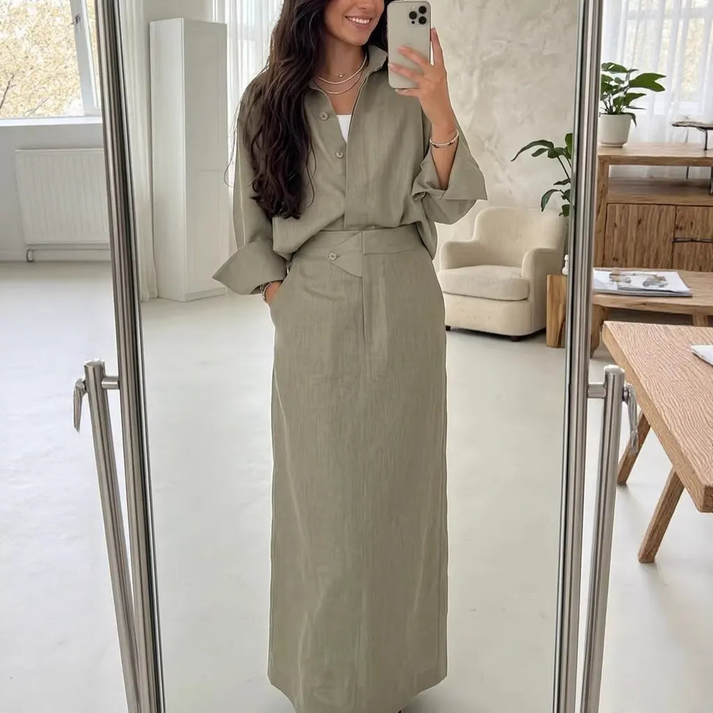 Fashionable Lapel Collar Loose-Fit Long-Sleeve Shirt And High-Waist Skirt Set