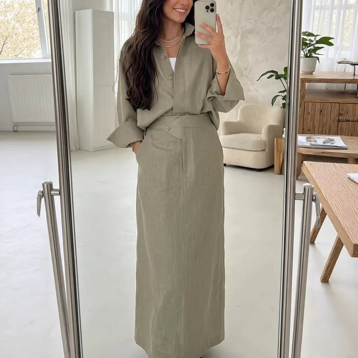 Fashionable Lapel Collar Loose-Fit Long-Sleeve Shirt And High-Waist Skirt Set