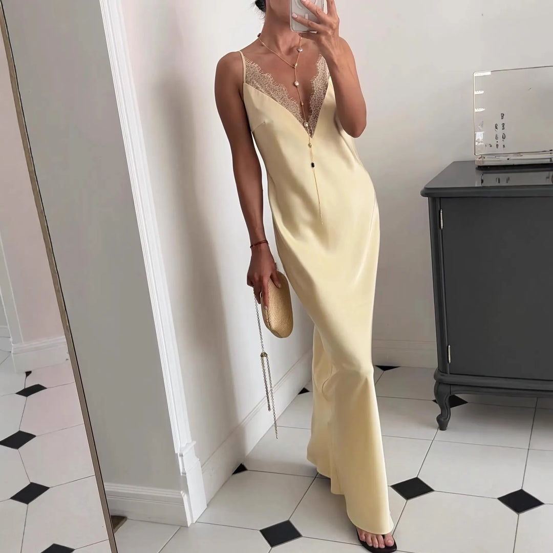 Lace Trim V-Neck Spaghetti Strap Maxi Slip Dress