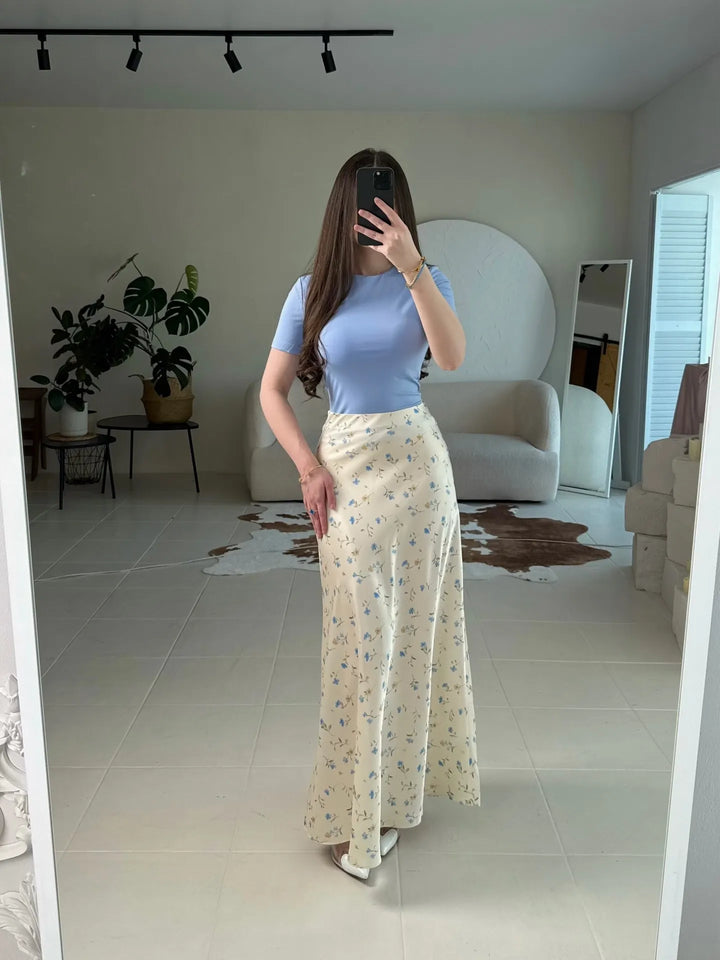 Base Ditsy Floral Print High Waist Satin Mermaid Midi Slip Skirt