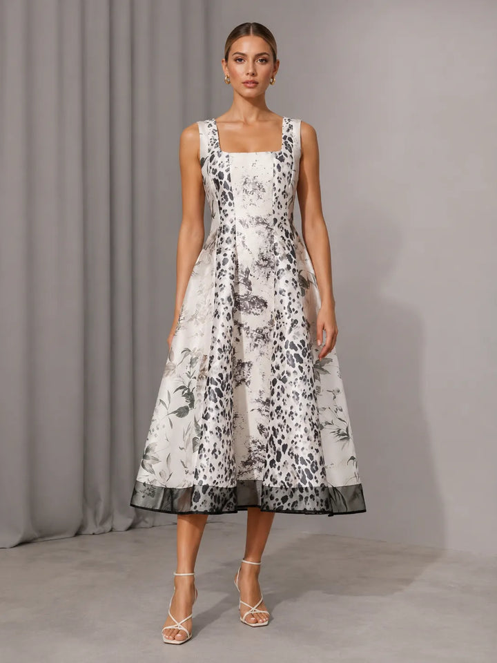 Leopard &amp; Botanical Print Square Neck Satin Midi Swing Dress