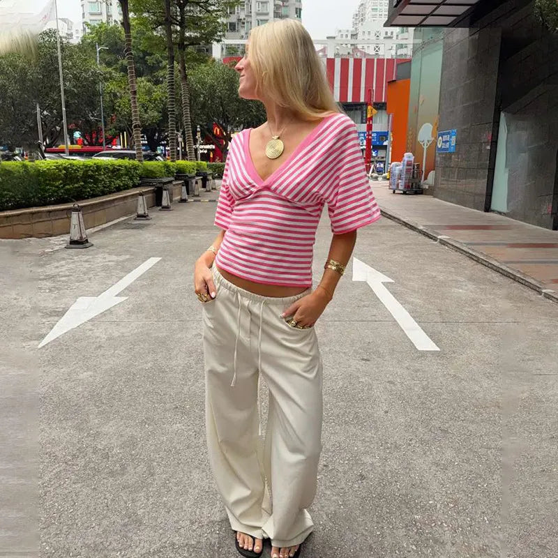Cinched-waist Striped Print Trendy Off-shoulder Top
