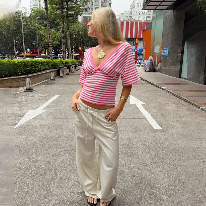 Cinched-waist Striped Print Trendy Off-shoulder Top