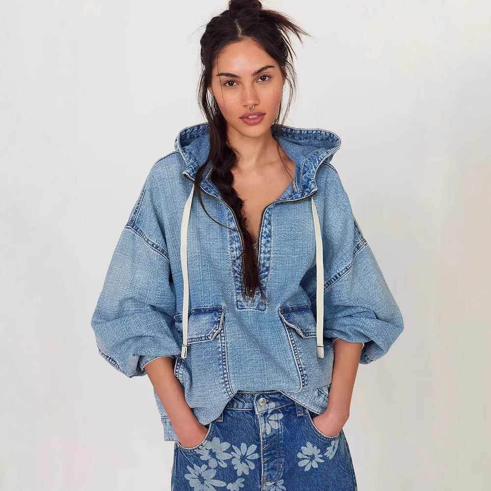 Stylish Relaxed-fit Washed Denim Long Sleeve Hoodie