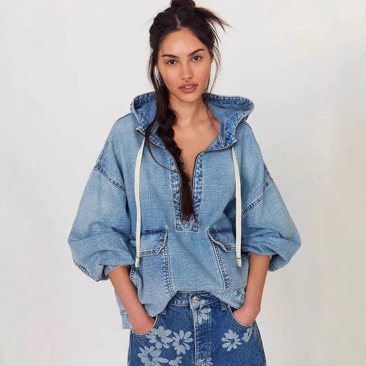 Stylish Relaxed-fit Washed Denim Long Sleeve Hoodie