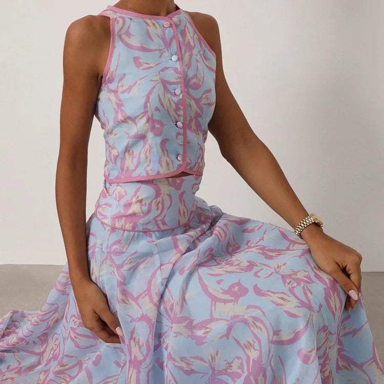 Abstract Print Sleeveless Crop Vest &amp; Flared Midi Skirt 2-Piece Set
