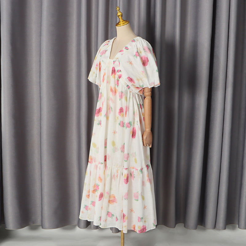 Watercolor Floral Smocked V-Neck Puff Sleeve Tiered Midi Dress