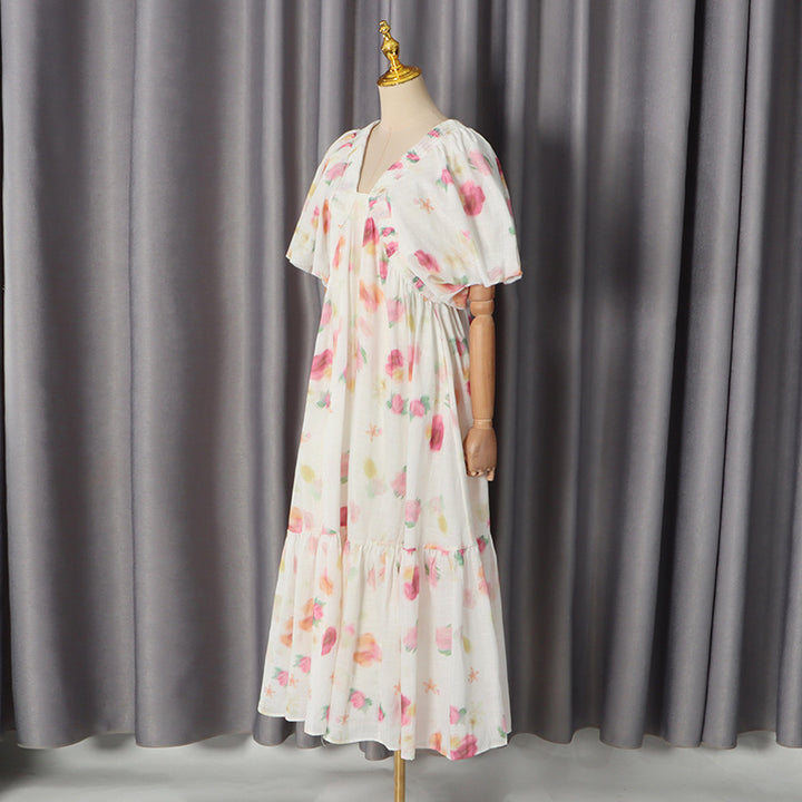 Watercolor Floral Smocked V-Neck Puff Sleeve Tiered Midi Dress