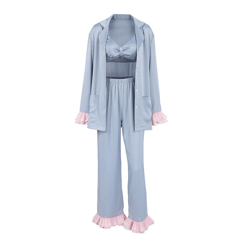 Womens Three-piece Set Featuring A Ruffled Long-sleeve Top And Trousers