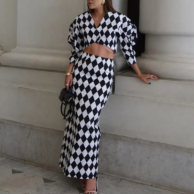 Diamond Check Puff Sleeve V-Neck Crop Top &amp; High Waist Mermaid Maxi Skirt 2-Piece Co-Ord Set