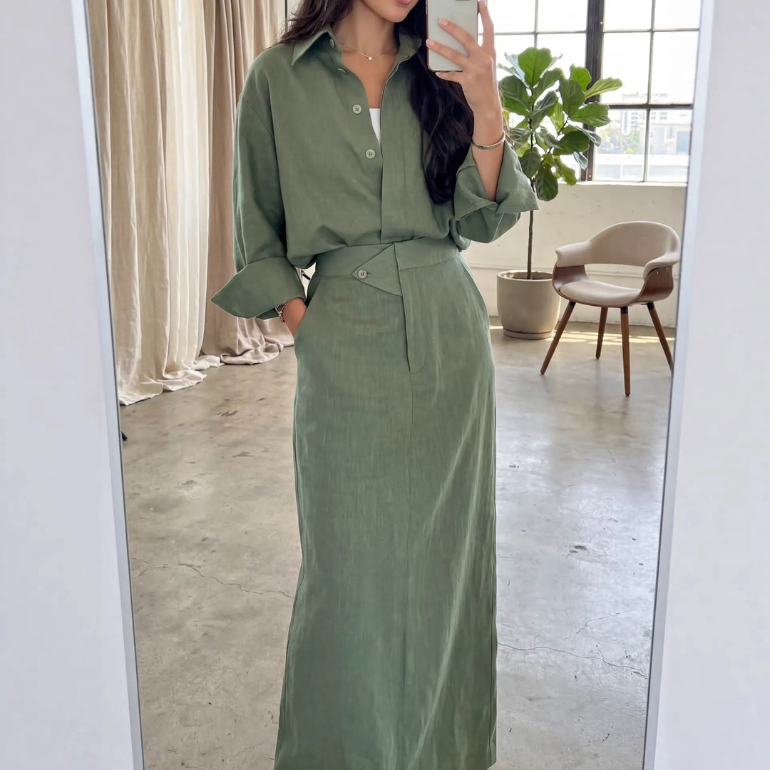 Fashionable Lapel Collar Loose-Fit Long-Sleeve Shirt And High-Waist Skirt Set