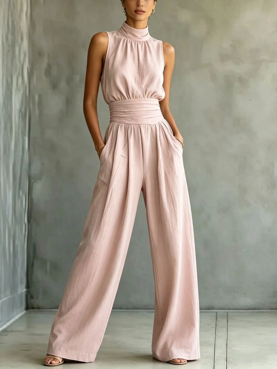 Sleeveless Mock-neck Solid-color Casual Wide-leg Jumpsuit