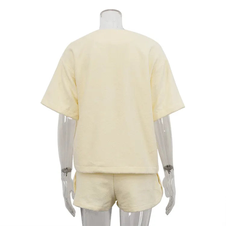 Terry Cloth Tie Front Short Sleeve Jacket &amp; Elastic Waist Casual Shorts 2-Piece Loungewear Set