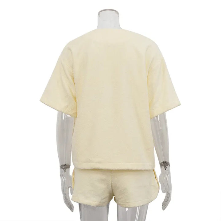 Terry Cloth Tie Front Short Sleeve Jacket &amp; Elastic Waist Casual Shorts 2-Piece Loungewear Set