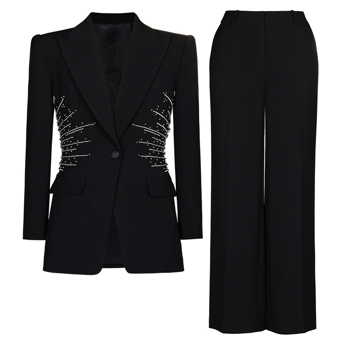Sparkling Rhinestone Waist Decor Single Button Blazer &amp; High Waist Wide Leg Pants 2-Piece Suit Set