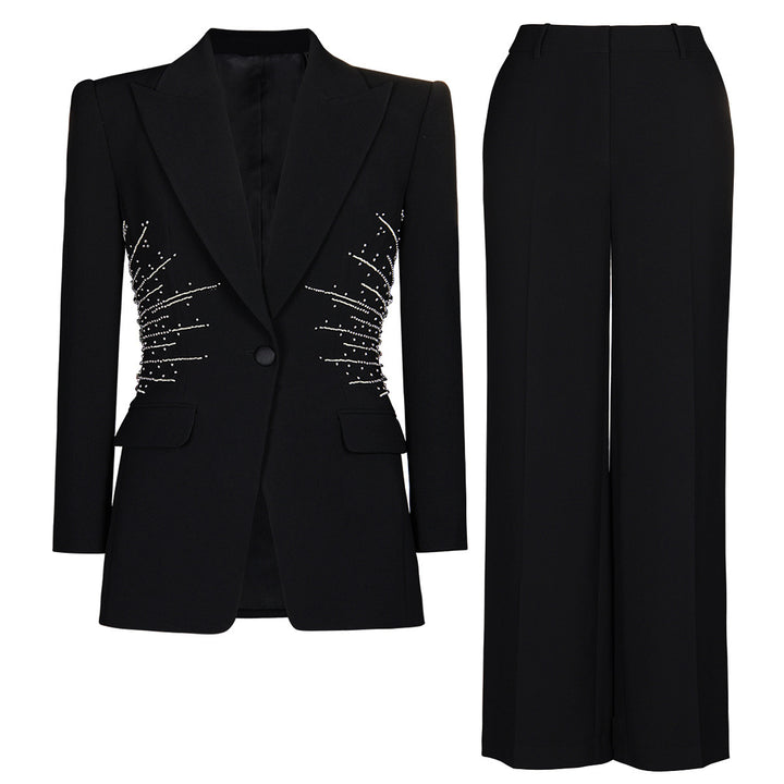 Sparkling Rhinestone Waist Decor Single Button Blazer &amp; High Waist Wide Leg Pants 2-Piece Suit Set