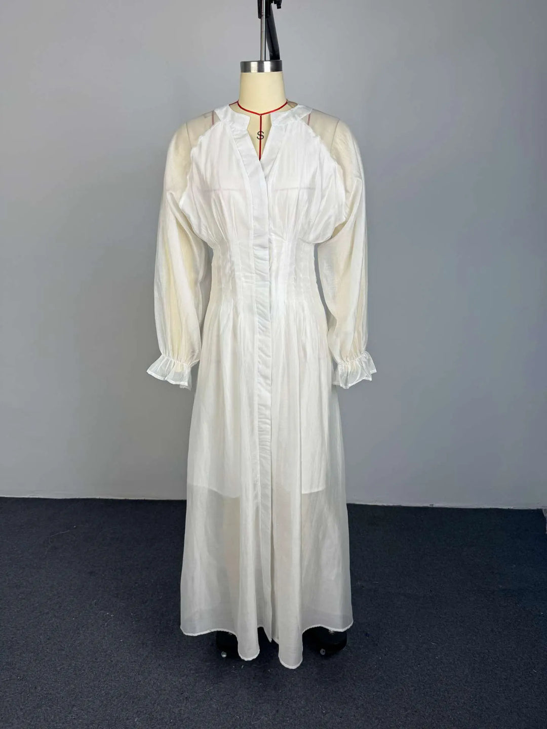 Puff Long Sleeve Gathered Waist Button Front Flowy Dress