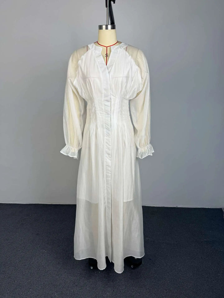 Puff Long Sleeve Gathered Waist Button Front Flowy Dress