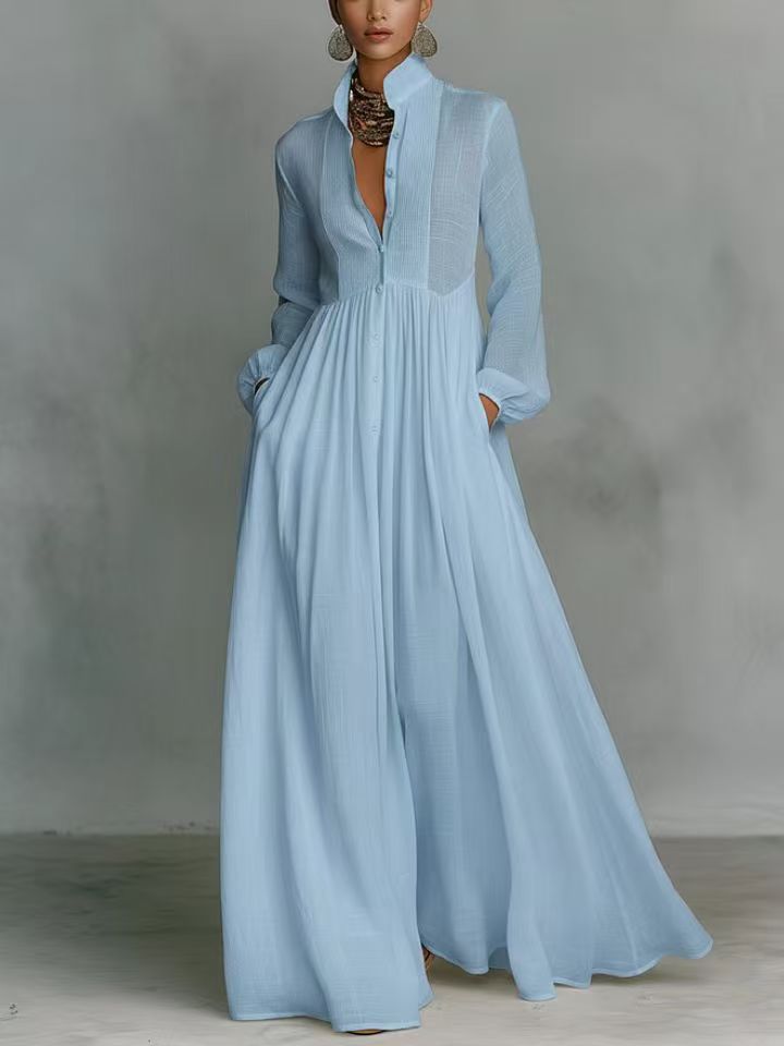 Casual Long-Sleeve Pleated Dress with Cinched Waist