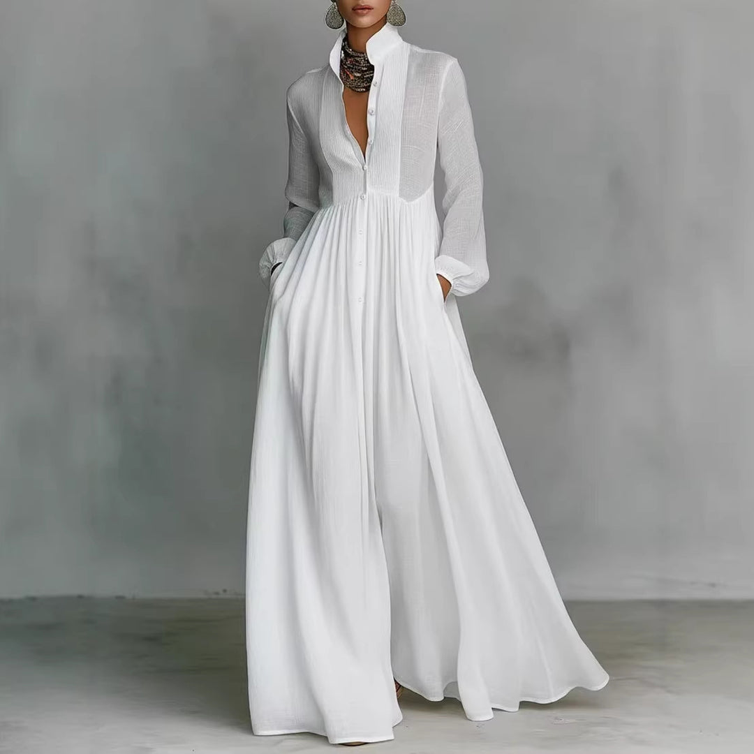 Casual Long-Sleeve Pleated Dress with Cinched Waist