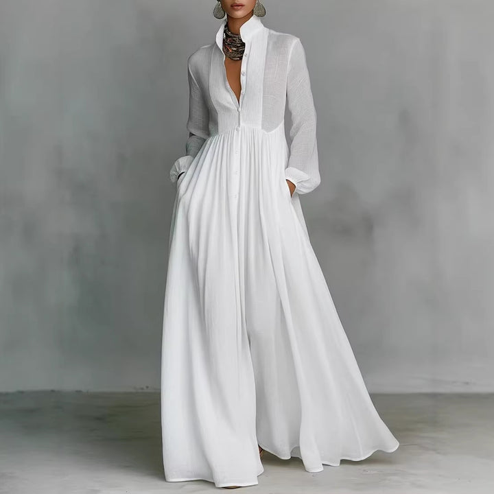 Casual Long-Sleeve Pleated Dress with Cinched Waist