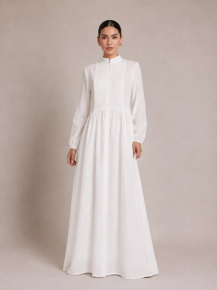 Casual Long-Sleeve Pleated Dress with Cinched Waist