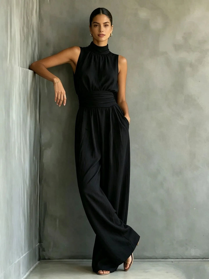 Sleeveless Mock-neck Solid-color Casual Wide-leg Jumpsuit