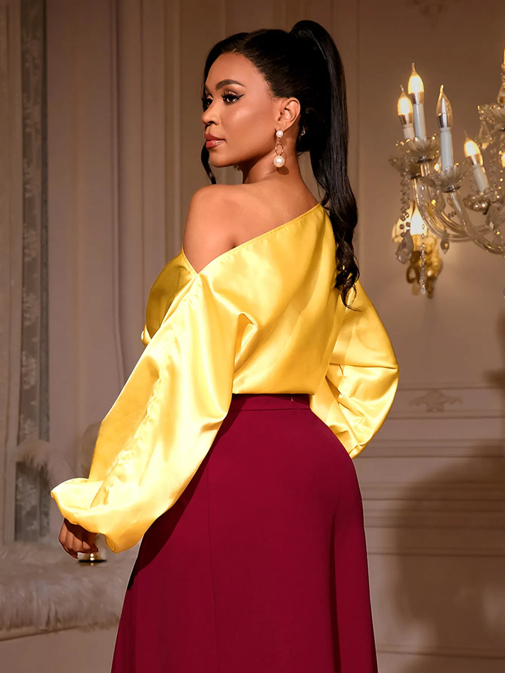 One Shoulder Balloon Puff Sleeve Cropped Blouse