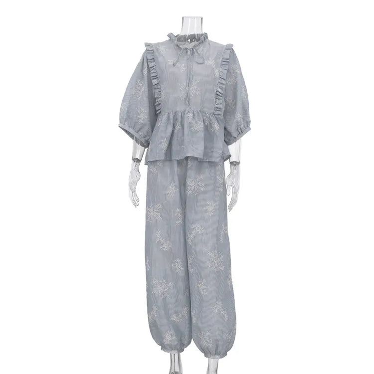 Embroidery Ruffle Tie Neck Puff Sleeve Crop Top &amp; Wide Leg Pants 2-Piece Loungewear Set
