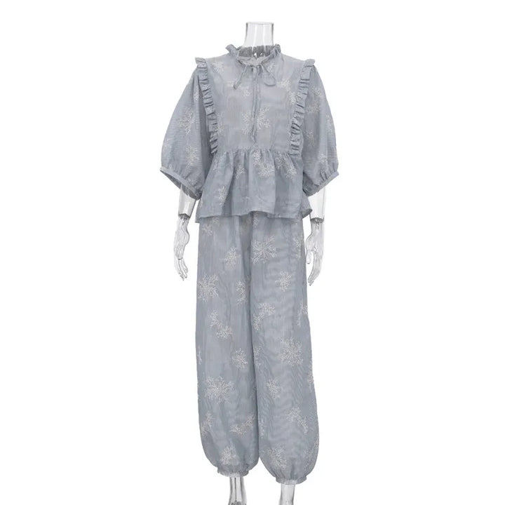 Embroidery Ruffle Tie Neck Puff Sleeve Crop Top &amp; Wide Leg Pants 2-Piece Loungewear Set