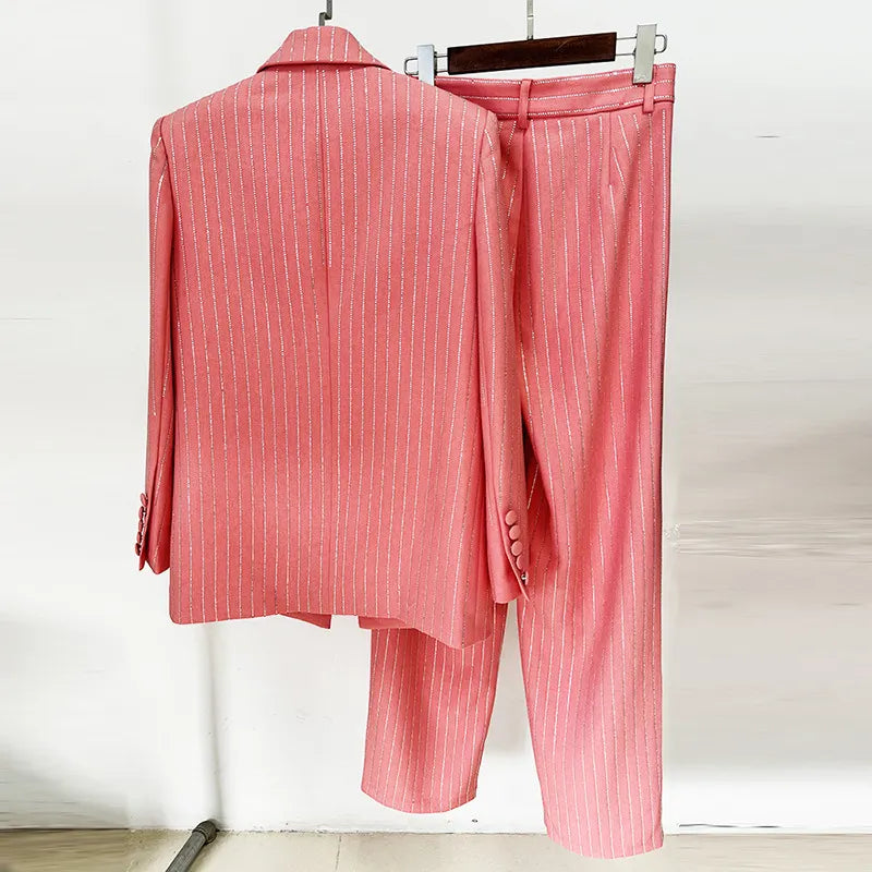 Glitter Vertical Stripe Single Button Blazer &amp; Straight Suit Pants 2-Piece Set