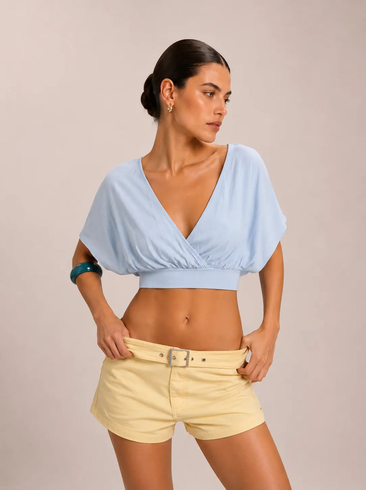 Deep V-Neck Cross-Over Batwing Sleeve Top