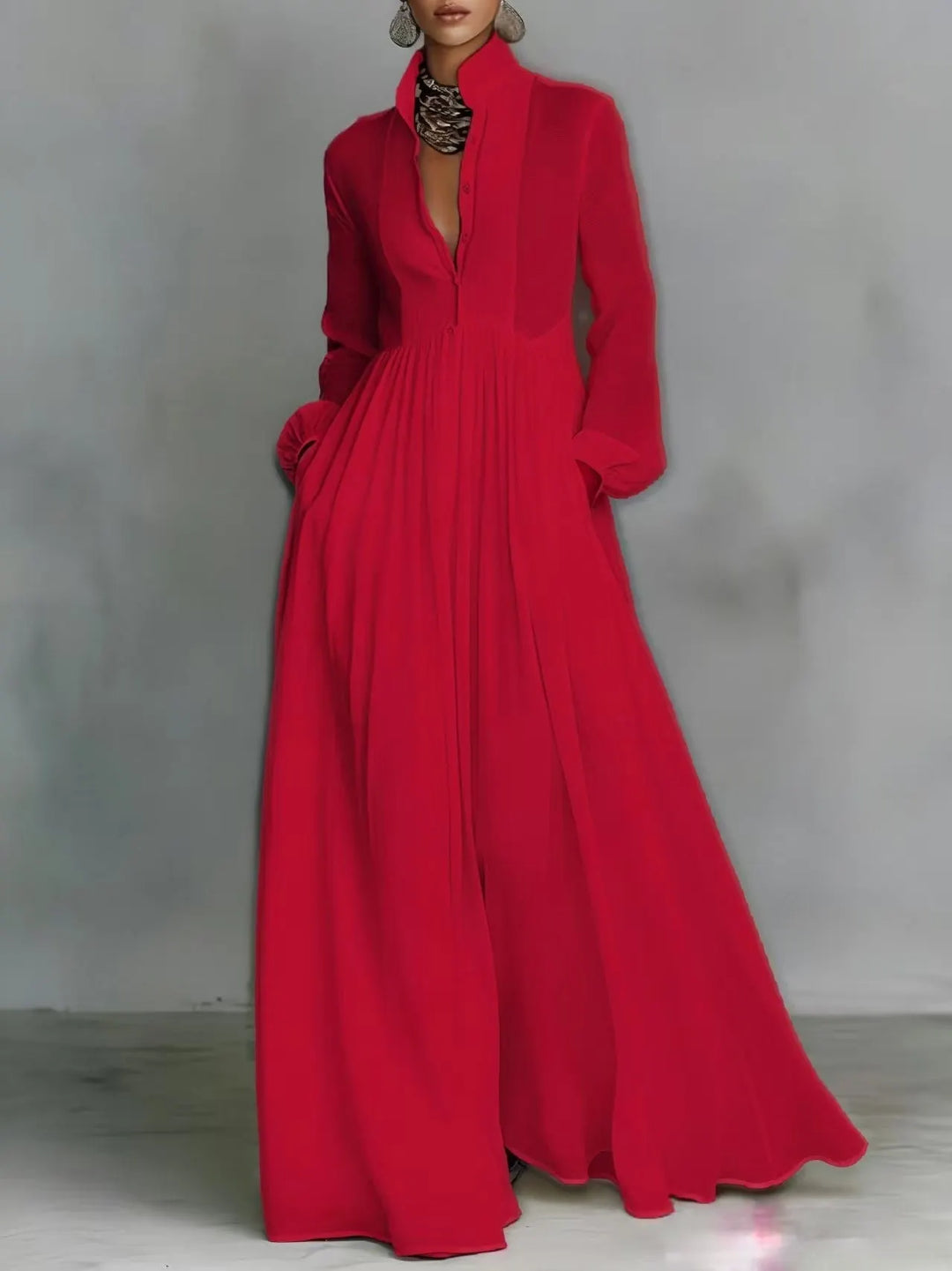 Casual Long-Sleeve Pleated Dress with Cinched Waist