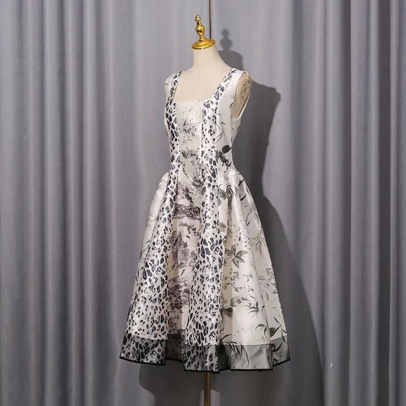 Leopard &amp; Botanical Print Square Neck Satin Midi Swing Dress