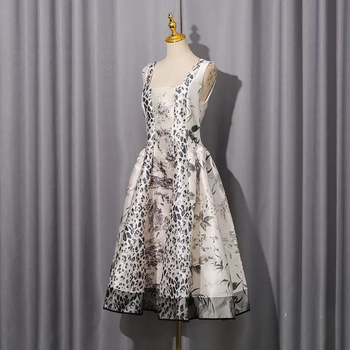 Leopard &amp; Botanical Print Square Neck Satin Midi Swing Dress